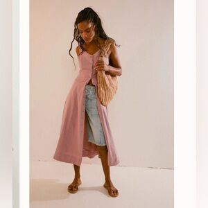Free People It’s A Keeper Midi Linen Dusty Pink Button-Down Dress
